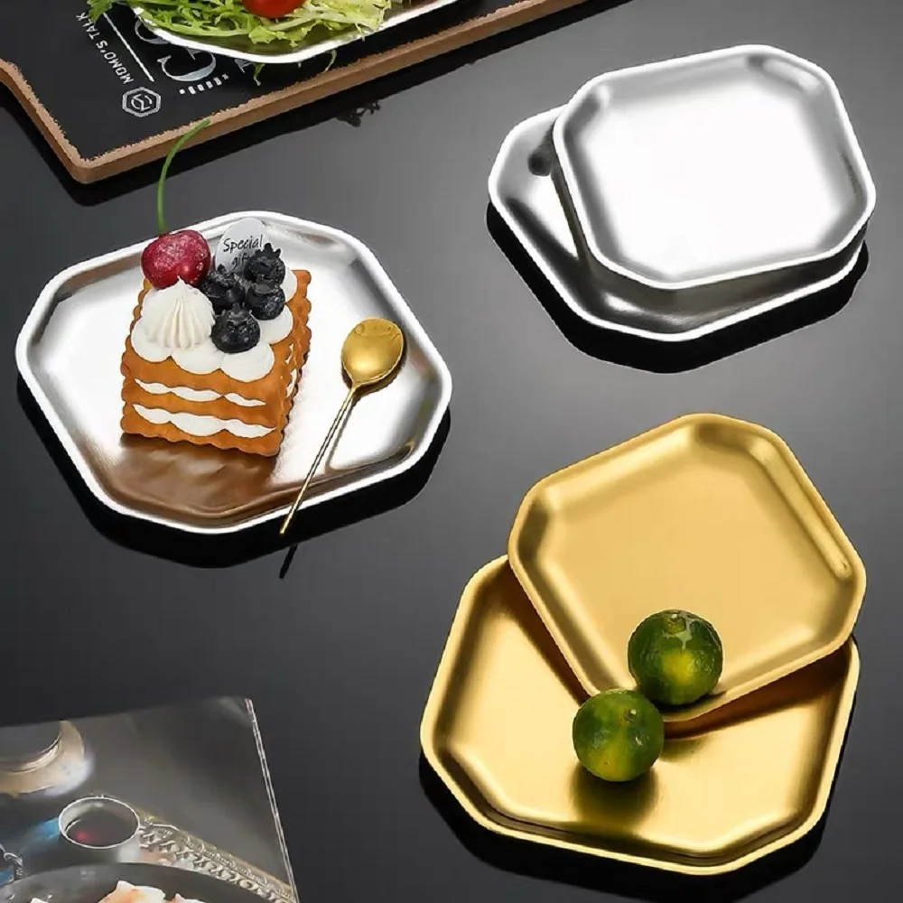 Korean Tableware Square Dessert Pastry Plate Stainless Steel Serving Plate Cake Snack Kimchi Sauce Dipping Tray Kitchen Utensils