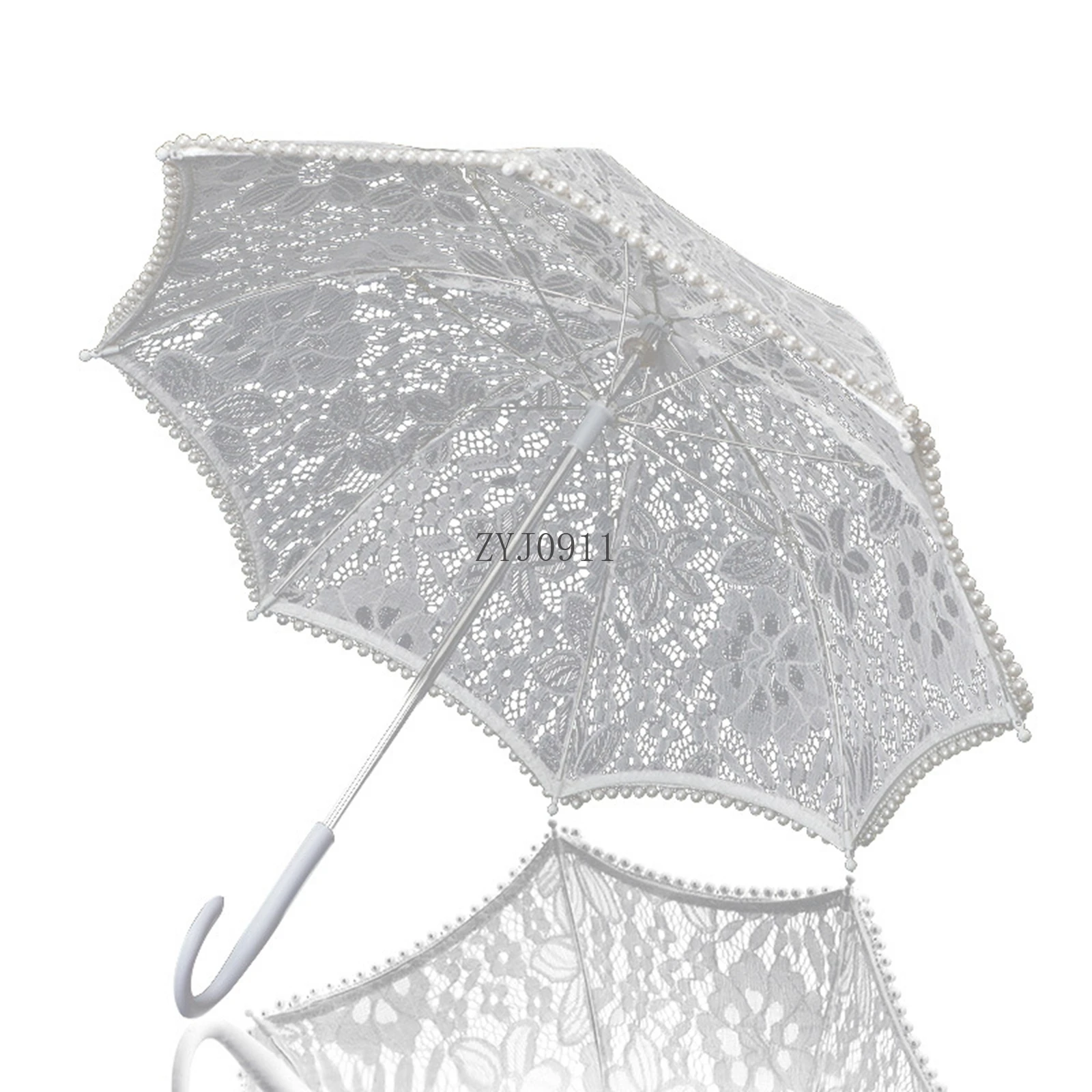 *Lace Umbrella Parasol White Wooden Handle Costume Flower Girl Umbrella for Wedding Decoration Photo Prop