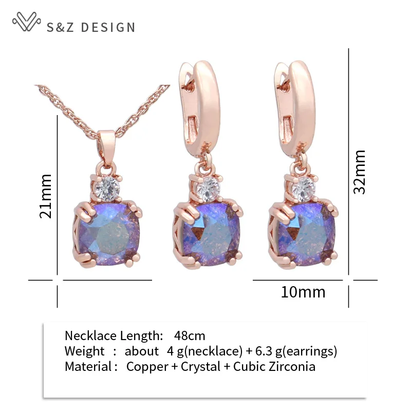 S&Z DESIGN New Fashion Maillard Autumn Winter Orange Square Crystal Jewelry Sets For Women 585 Rose Gold Color Drop Earrings