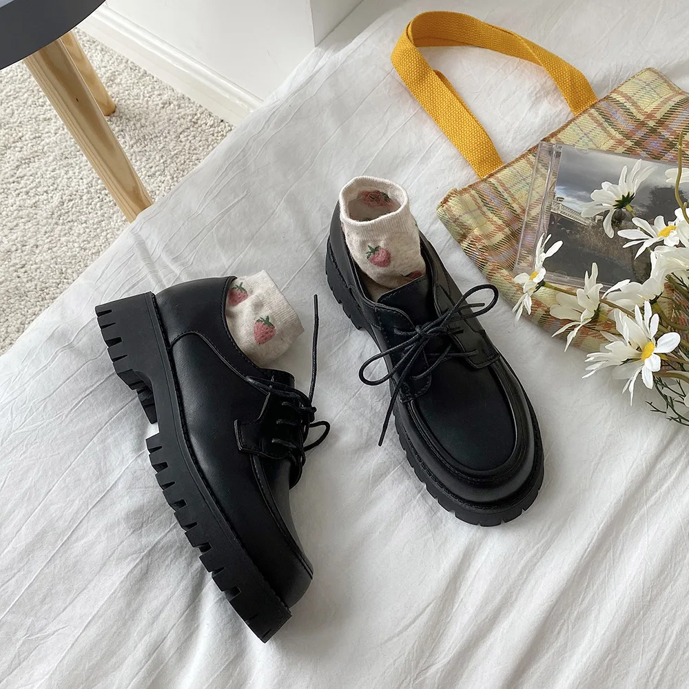British Small Leather Shoes Women's Platform Heels Sexy Autumn New Retro Thick-soled Lace-up Shoes
