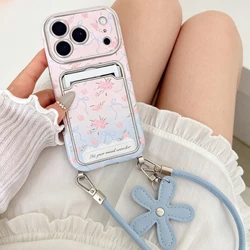 Floral Bow Gradient Leather Card Holder Phone Case with Wrist Strap - Shockproof Protective Cover - iPhone 15 (DSCGS51)