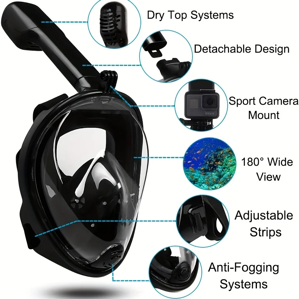 Full Face Snorkeling Mask Foldable 180 Degree Panoramic With Camera Mount