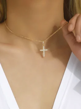 Shiny Crystal Zircon Cross Pendant Necklace for Women Girls Punk Gold Color Thin Chain Necklace Party Jewelry Birthday Gift