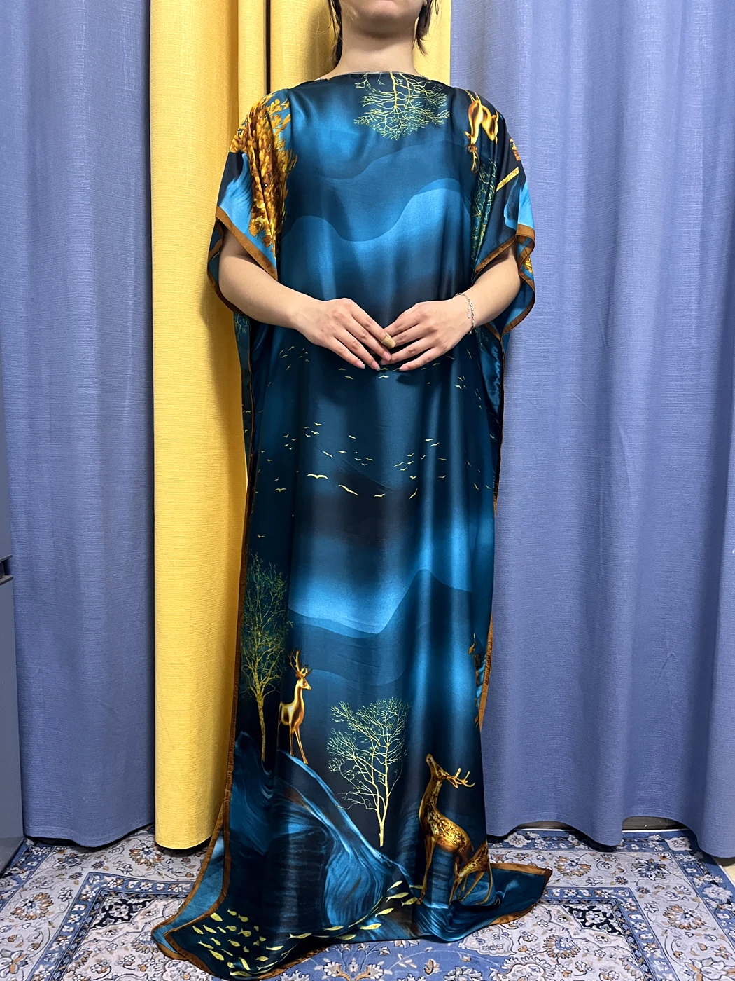 Muslim Abayas For Women 2023 Dubai Fashion Summer Printed Silk Loose Femme Robe African Nigeria Short Sleeve Dresses With Turban