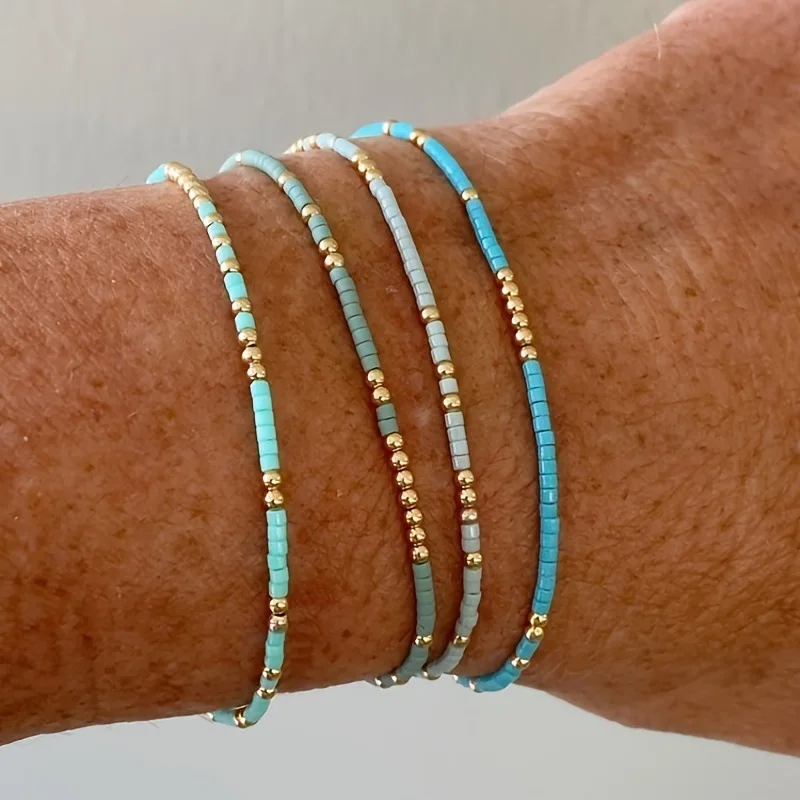Glass Bracelet Set 4 PCS Fashion Bohemian Style Colorful Seedbeads Bracelet Trendy Beach Vacation Style Jewelry
