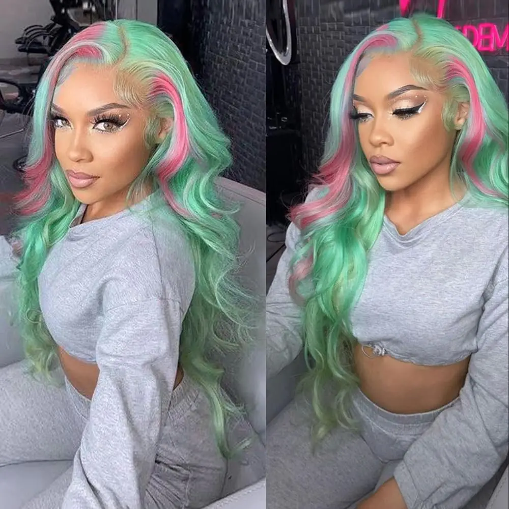 13x4 13x6 Pink Highlight Wig Remy Human Hair Green Body Wave 360 Lace Frontal Wig Transparent Lace Front Human Hair Wigs