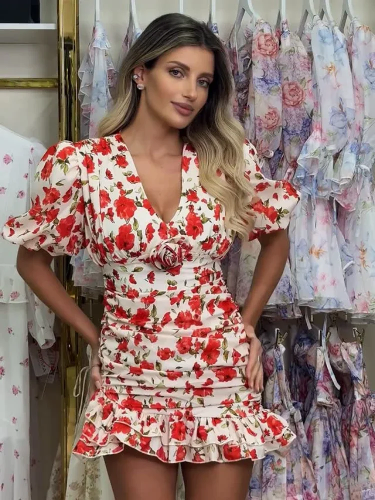 White Red Floral Ruched Puff Sleeve Mini Dress V-neck Ruffle Hem 3d Flower Dresses Summer Lady Party Sweet Date Vestido New 2026 3