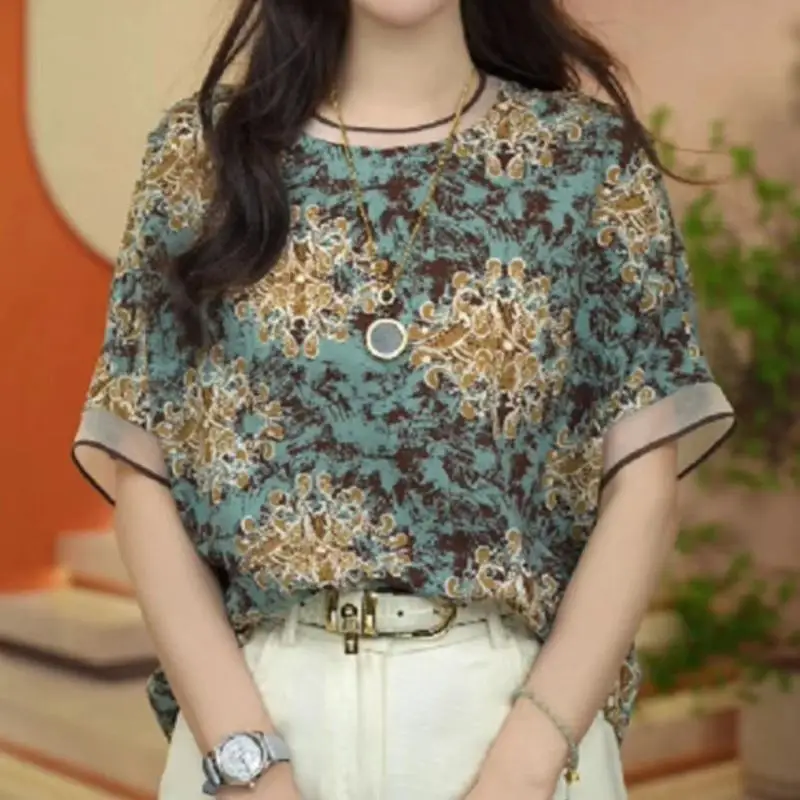 2024 Summer New Women's Pullovers Crew Neck Printed Spliced Gauze Half Sleeve Elegant Comfortable Loose Commuter Chiffon Tops