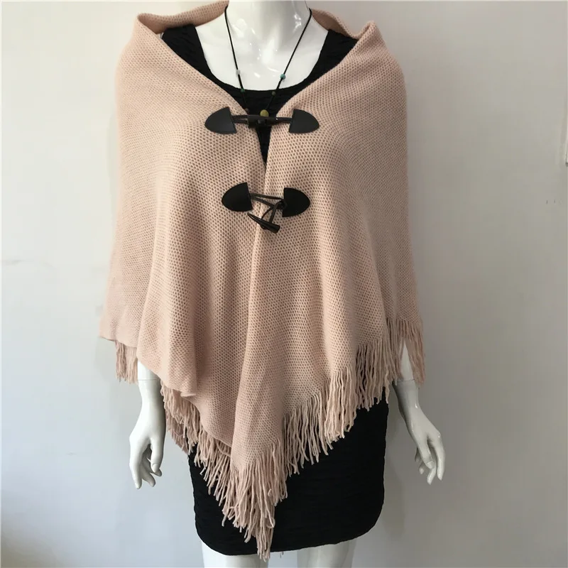 Spring Autumn New Style Shawl Cape Tassel Ox Horn Buckle Solid Color Irregular Double-Layer Tassel Cloak Shawl Sunscreen Pink plus size womens cashmere warm cape poncho irregular tassel shawl coat women turtleneck capa sueter mujer pullover sweater cloak