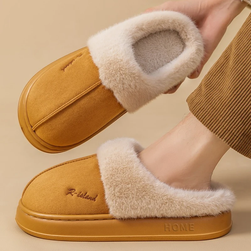 2025 Winter Platform Cotton Slippers Women Letters Thick Bottom Warm Plush Slides Woman Comfortable Fluffy Couple Home Shoes