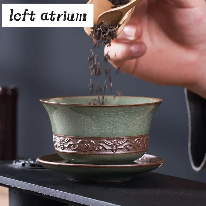 200ml Longquan Celadon Cover Bowl Ge Kiln Ice Cracking Hand Grab Bowl with Lid Kung Fu Teaset Sancai Cover Tea Maker Gaiwan