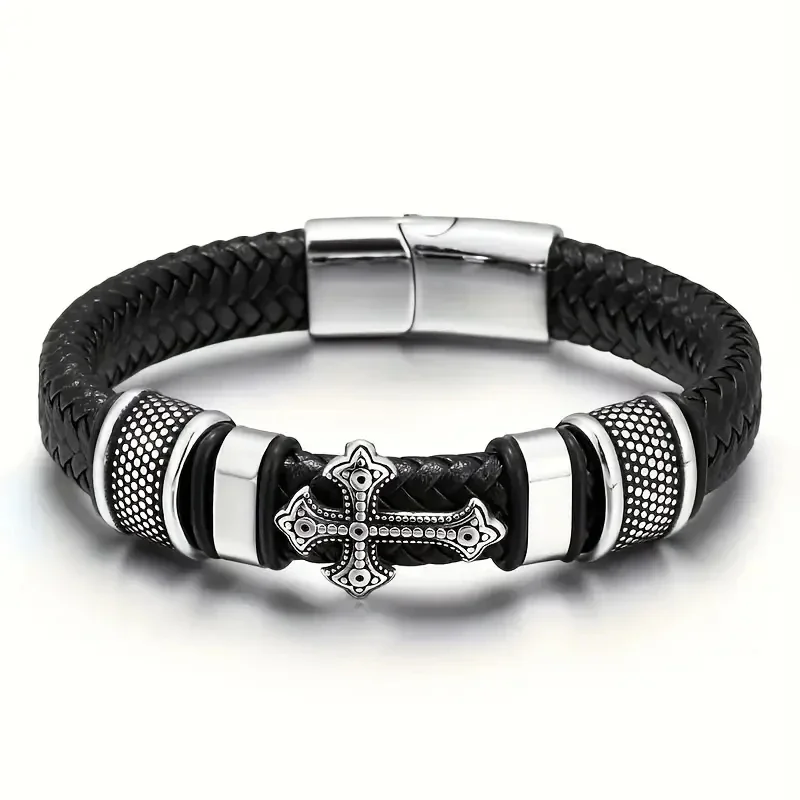 Hand Woven Leather Cross Bracelet Magnetic Clasp Men's Fashion Pendant Religious Amulet Jewelry leather bracelet leather magnetic bracelet