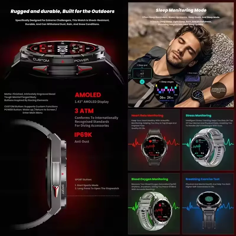 2025 New Adventure GPS Sports SmartWatch Ultra HD AMOLED Built-in gps BT Call Fitness Waterproof Smart Bracelet For IOS Android