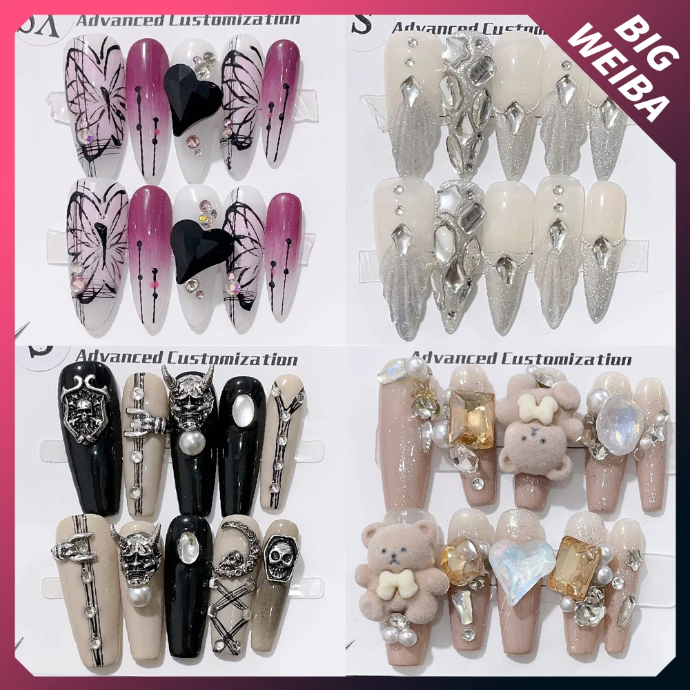 

Fashion Rhinestone Long Coffin Stiletto Handmade Full Cover Artificial Fake Nails Originality Gradient Reusable Press On Nails