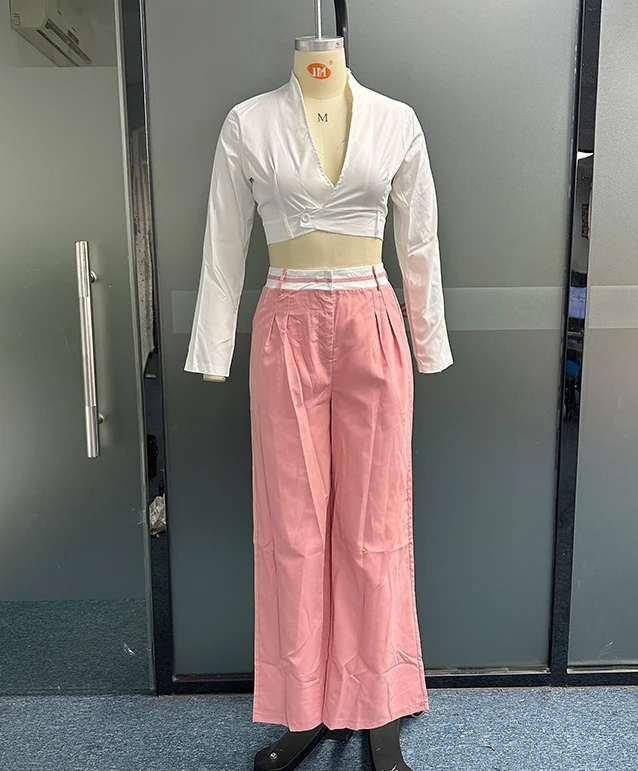 2023 Autumn New Temperament Commuting Fashion Casual Long Sleeves Tops and Pockets Loose Wide Leg Pants 2 Piece Set for Women