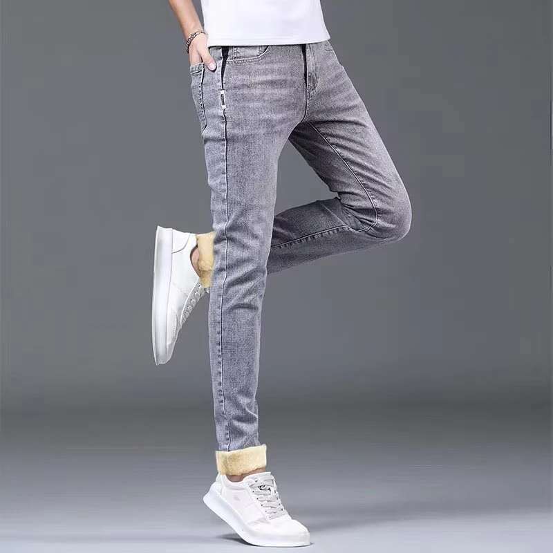 Men Fashion Versatile Gray Street Denim Pants Male Winter Thermal Hot Sale Jeans Youth Popular Narrow Leg Warm Plush Trousers 4
