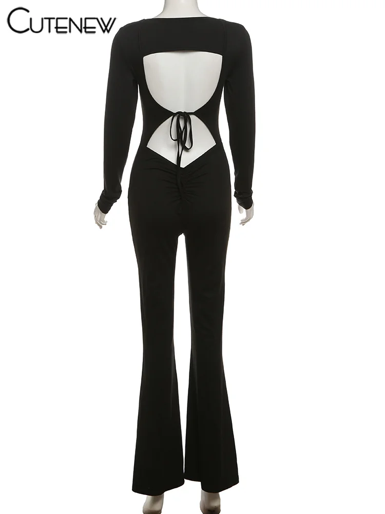 Sporty Jumpsuits Women Concise Casual Autumn New Square Neck Long Sleeve Skinny Stretch Overalls Basic Female One Piece