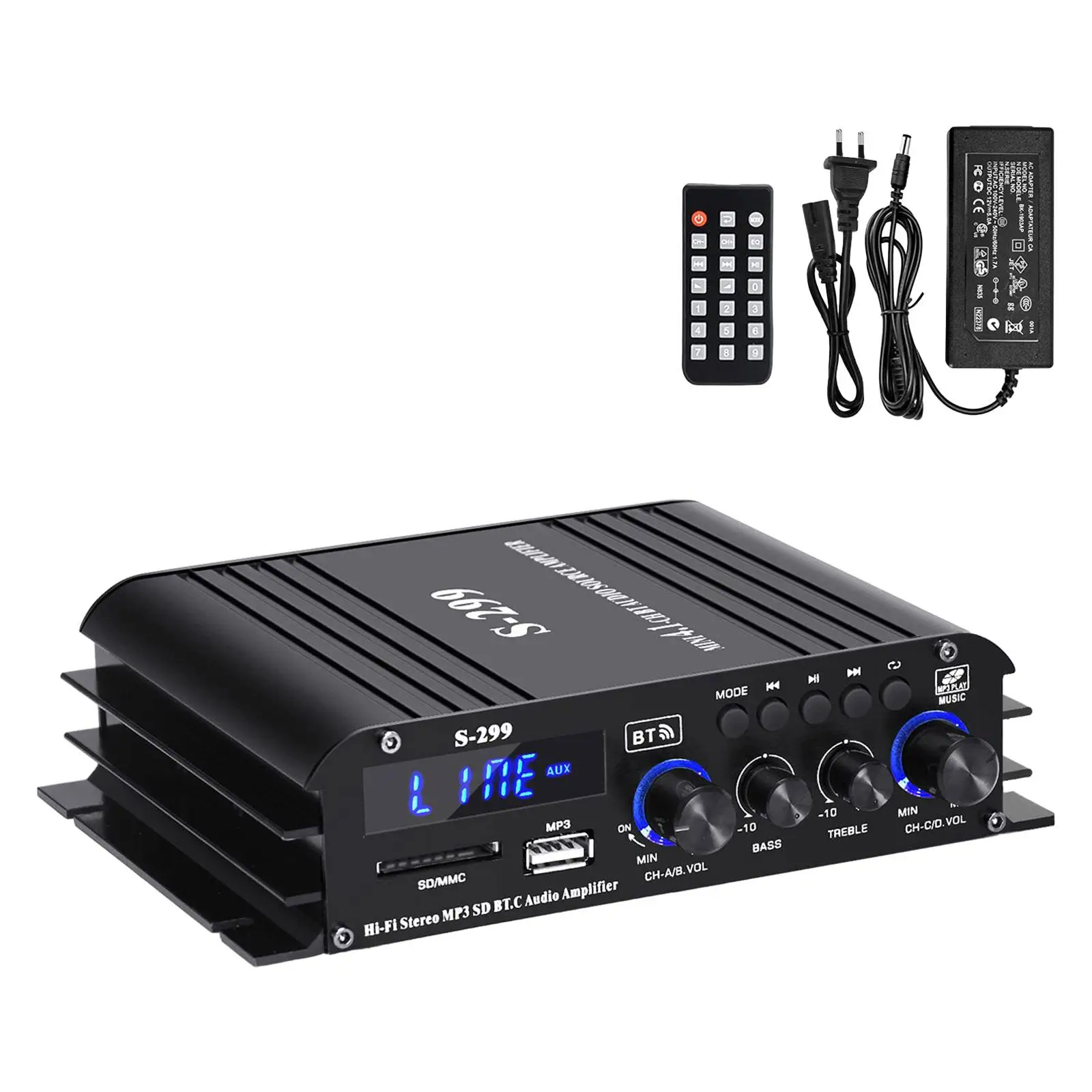 Mini Amplifier 4.1 CH LCD Display HiFi Stereo Amp MP3 for Store Home Theater Volume Adjustment USB AUX BT SD with Power Adapter
