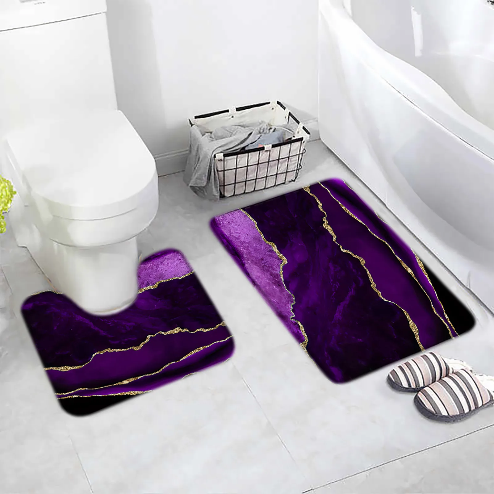Bathroom Rug Bath Mat Purple Abstract Marble Golden Lines Modern