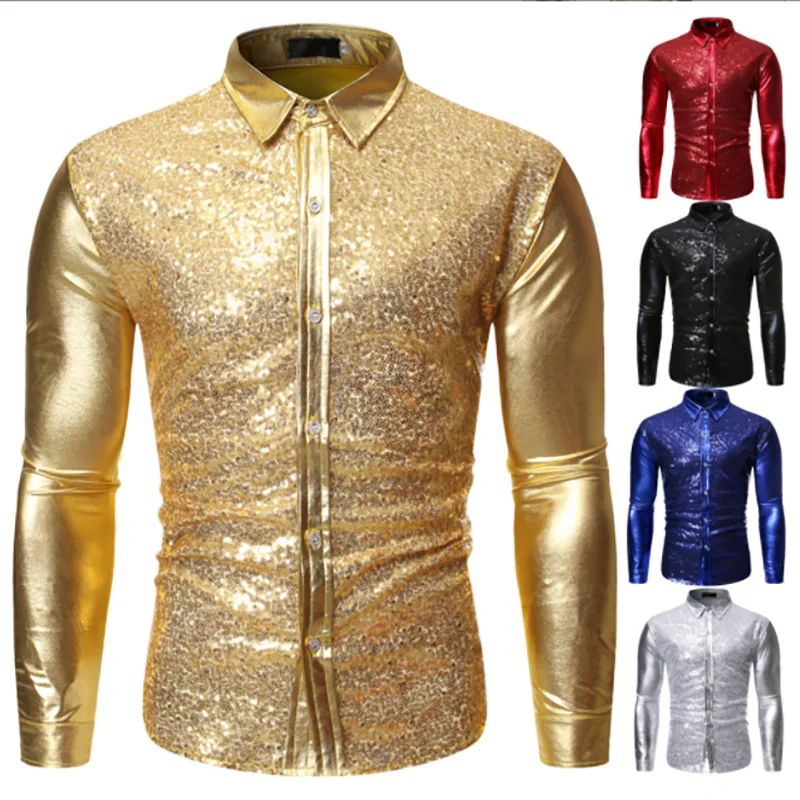 

Mens Shirts Shiny Sequins Long Sleeve Clubwear for Night Party Show Dancing Performance Top Shirt Golden Blue Black Red White