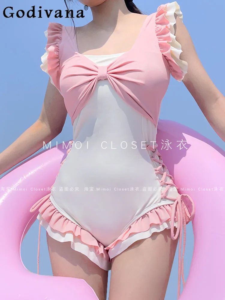 

Summer New Fashion Bow Ruffled Edge Pink One-Piece Swimsuit Girly Sweet Cute Slim-Fit Elegant Bathing Suit Women Y2k Swimwear