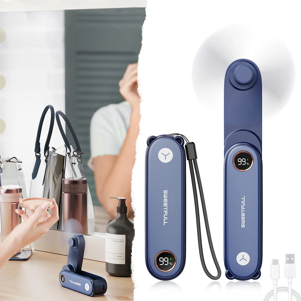 Portable Handheld Small Fan 2-speed Wind 1500mah Battery Capacity Mini USB Rechargeable Foldable Fan Suitable For Outdoor Use