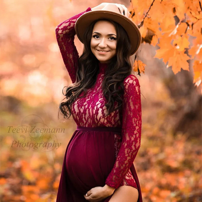 Umstandskleider für Fotoshootings, langärmeliger Body + hoch geteiltes Schwangerschafts-Maxikleid, Chiffonkleid, Babyparty-Fotografie – Detail 4