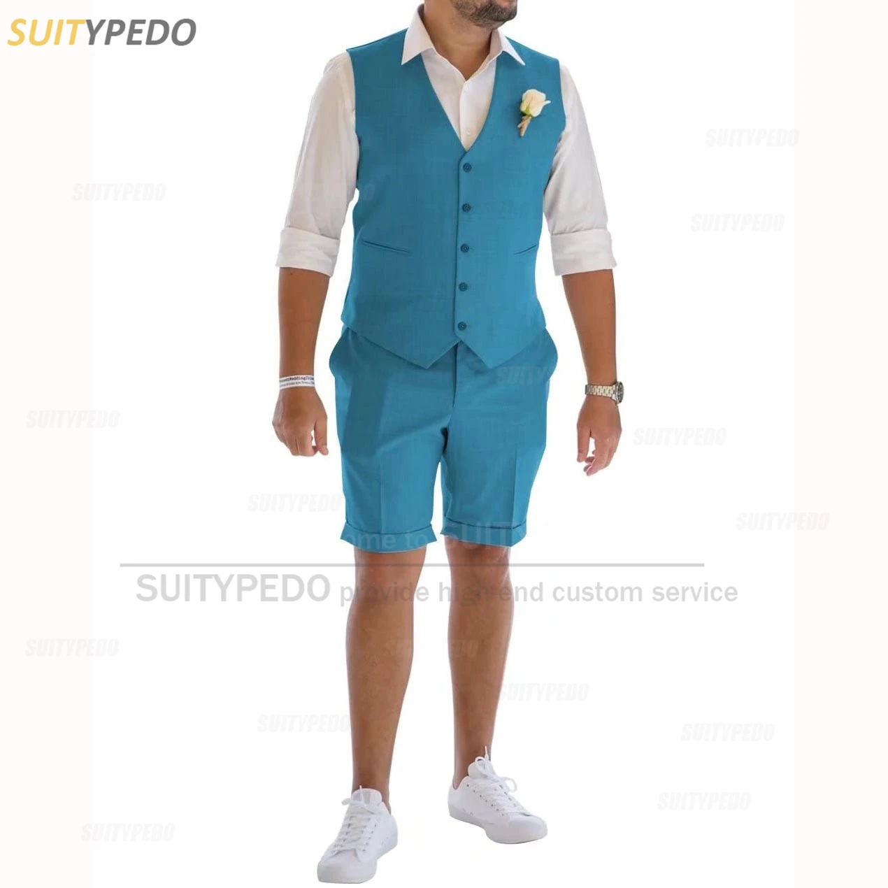 Linen Suits for Men 2 Pieces Casual Slim Fit Suit Vest with Shorts Set Prom Wedding Tuxedos for Groomsmen ( Waistcoat+Pants ) 3