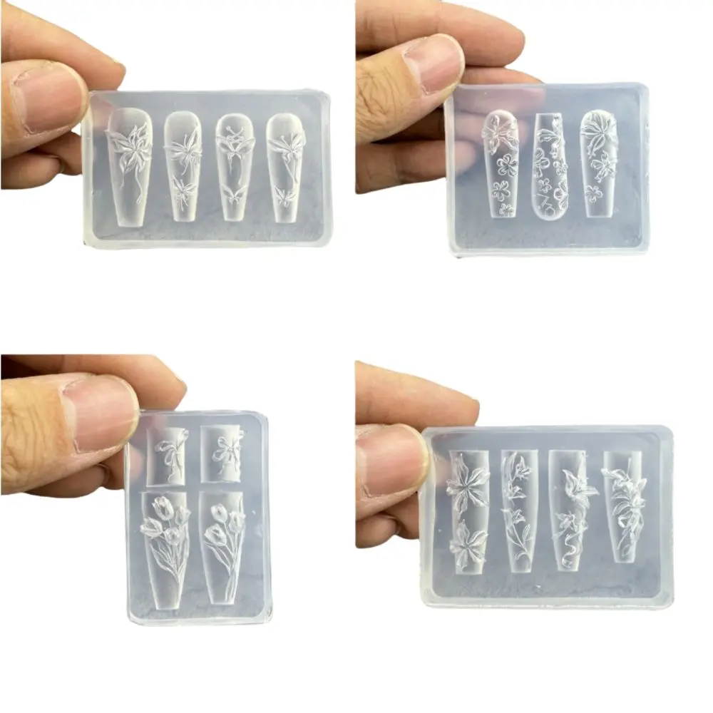 New High Transparent Nailart Mold 3D Carving Lily Flower Silicone Template with Box Butterfly Tulip Nail Art Molds for Salon Use