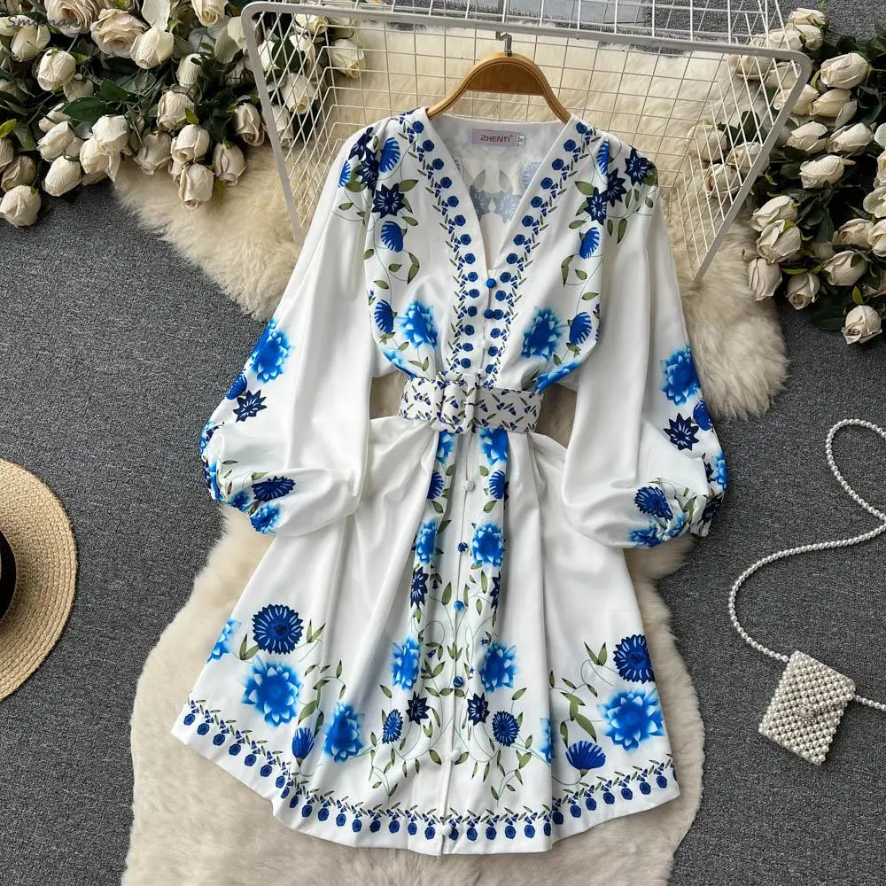 2023 Spring Summer Print Floral White Midi Dress Women V Neck Long