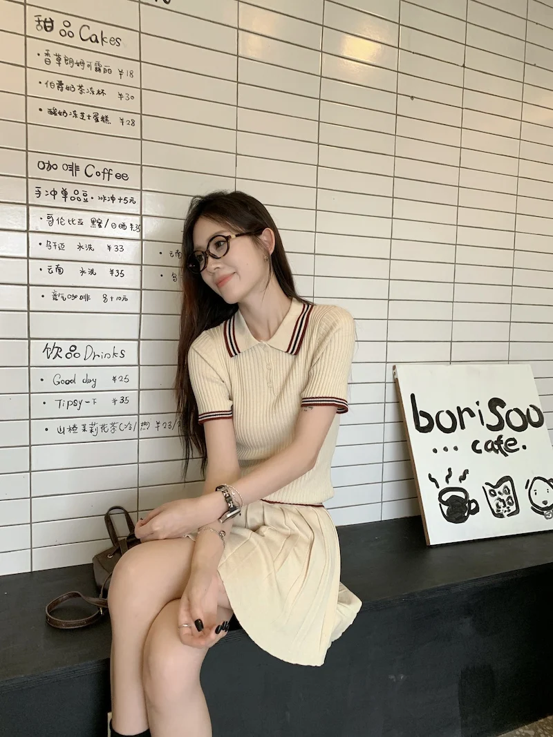 Autumn Knitted Two-piece Skirt Set Women Turn-down Collar Short Sleeve Top Pleated Mini Skirt Korean Fashion Knitting Outfits