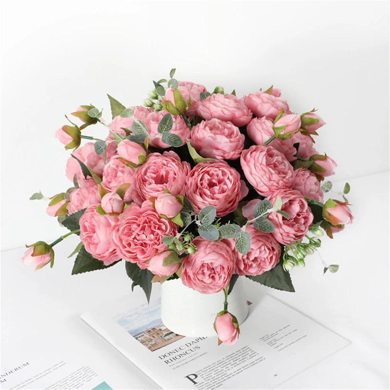 30cmRosePinkSilkPeonyArtificialFlowersBouquet5BigHeadand4