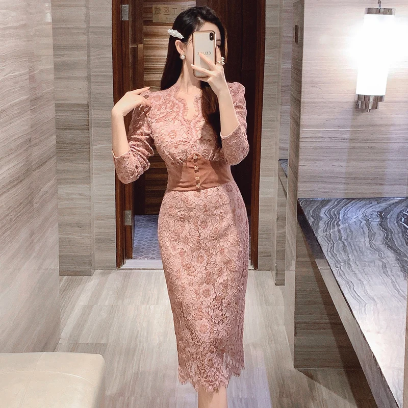 

French Lace Women's Dress 2023 Autumn New Sexy V-Neck Long Sleeve Pencil Vestidos Elegant Beading Formal Party Dresses Robe Q576
