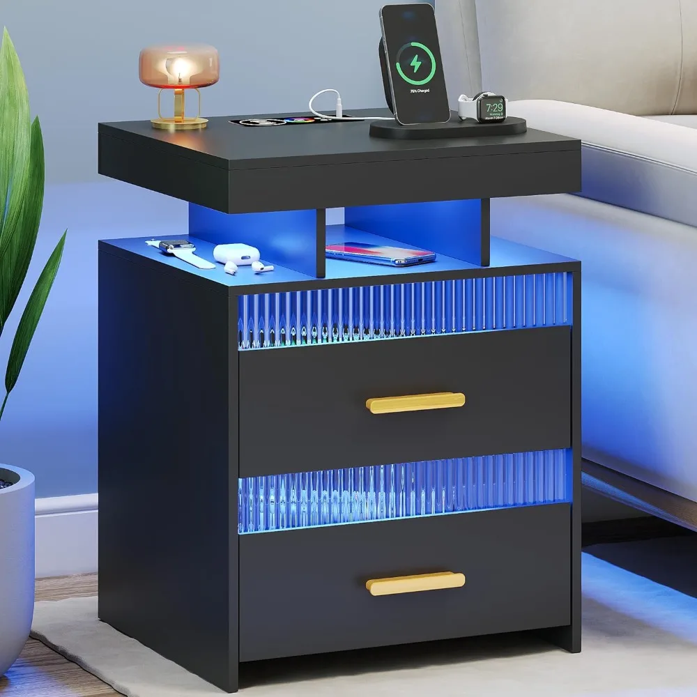 

Black bedside table with charging station: LED bedside table with 2 drawers and open storage rack and human sensing light