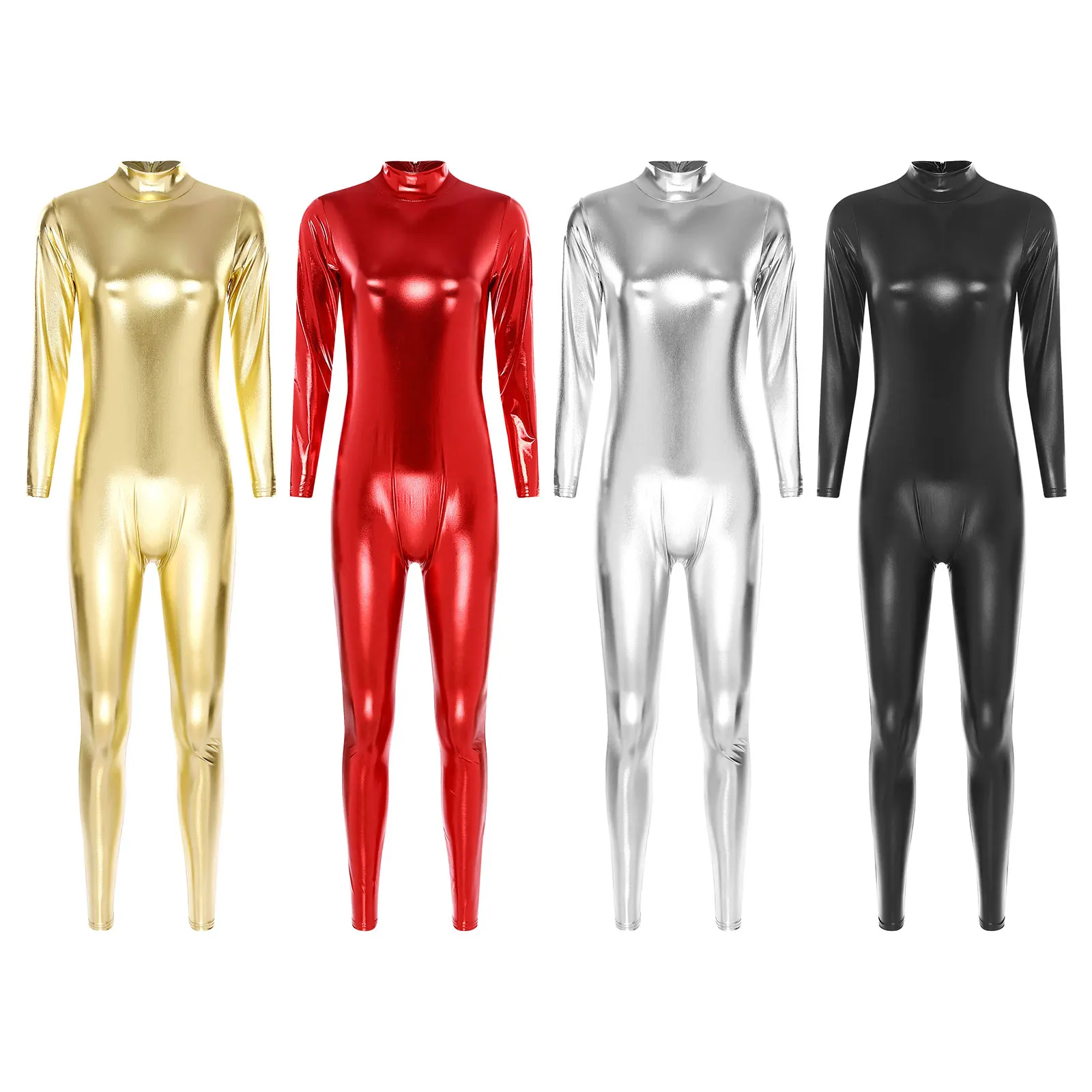 Womens Metallic High Neck Unitard Shiny Slim-Fit Jumpsuit Long Sleeve Bodysuit Zipper Back Catsuit Dancewear