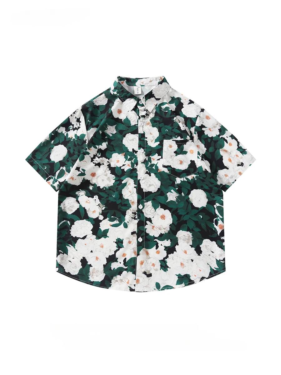 

Men and Women Hawaiian Floral Beach Short-sleeved Lapel Shirt Trendy Resort Style Large Size Loose Casual Single-breasted Blouse