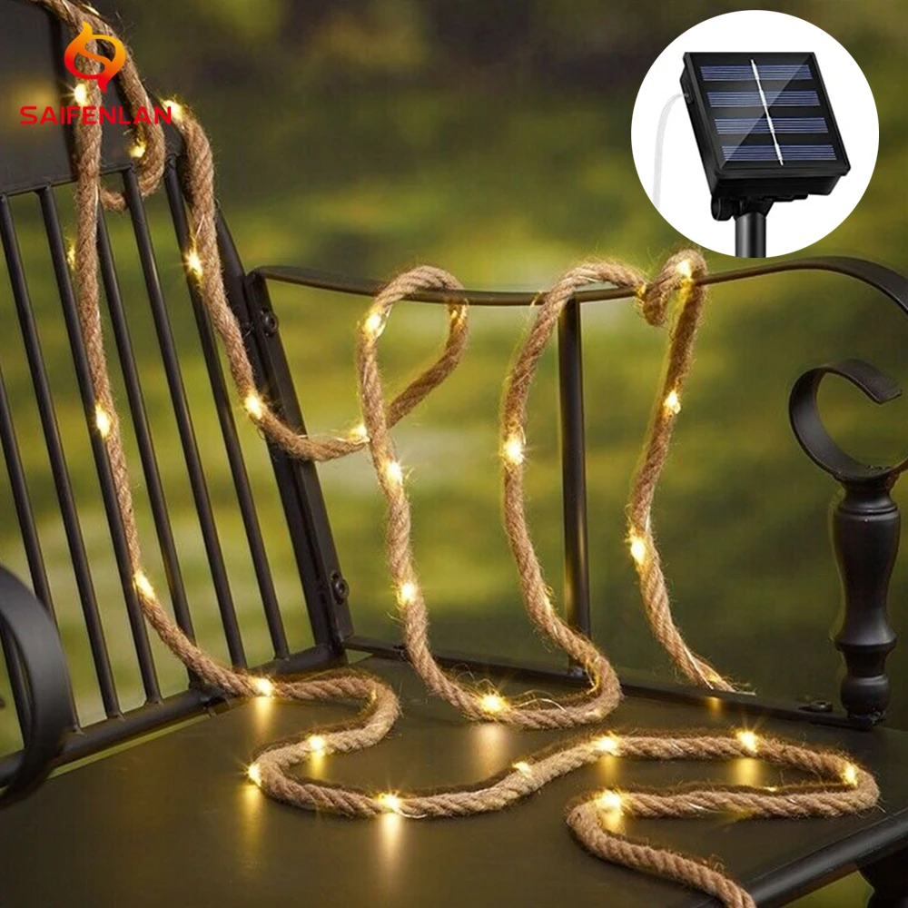 5/10M Solar Hemp Rope Lights String Festival Xmas LED Light Outdoor Tree Fence Decoration