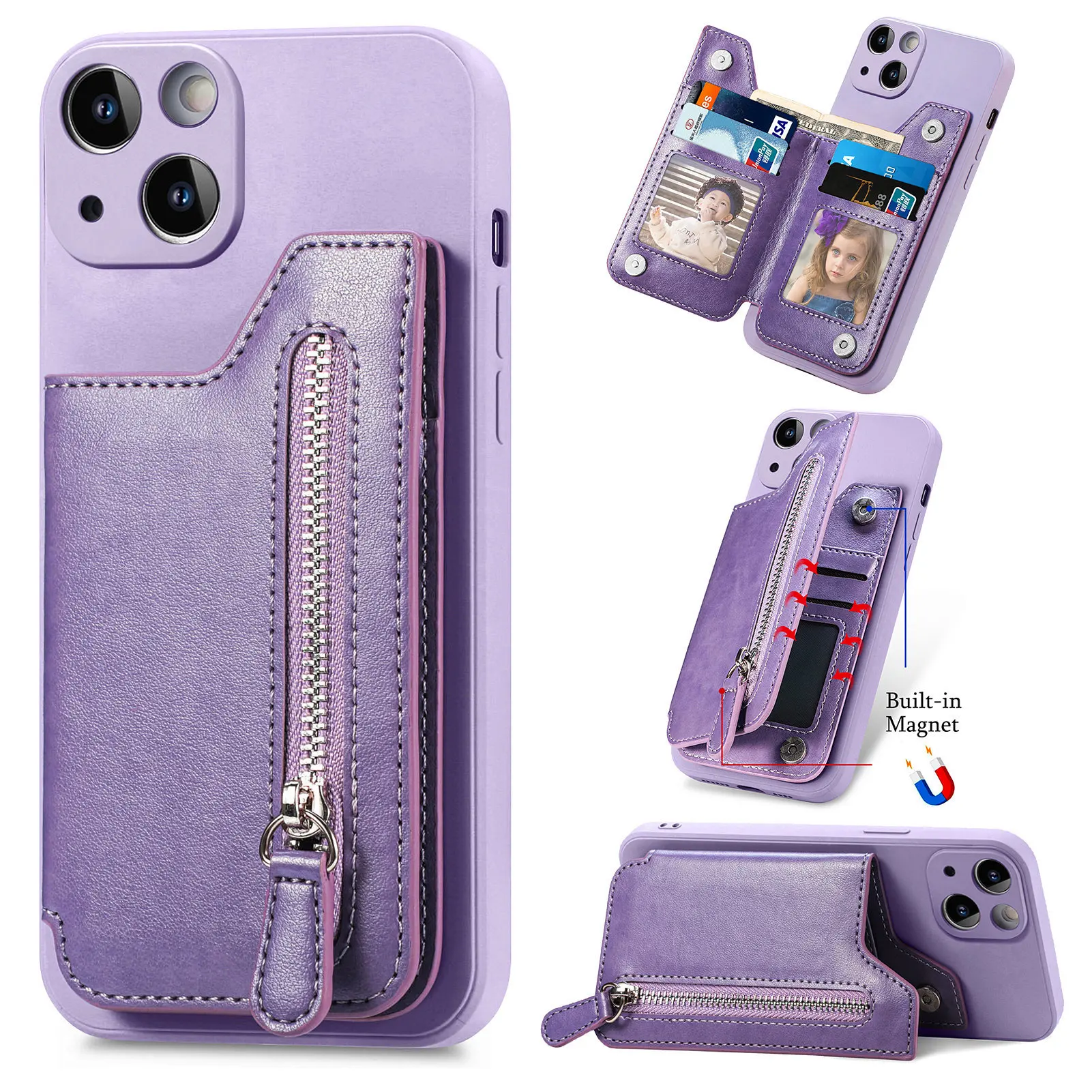 Luxury Leather Zipper Wallet Case with Card Slots and Magnetic Holder - Anti-Drop Protection