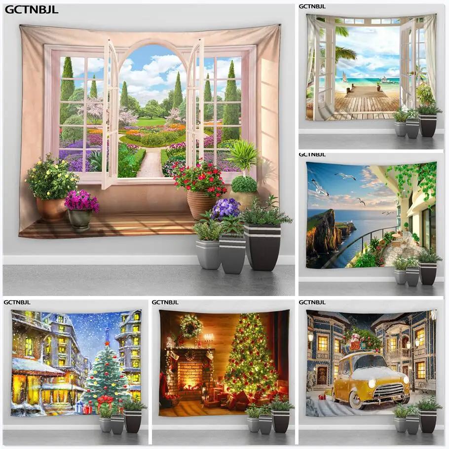 

Искусственное окно, настенная подвеска, парк, цветок, дерево, океан, печать, искусство, домашний декор, Рождественский пейзаж, настенный гобелен