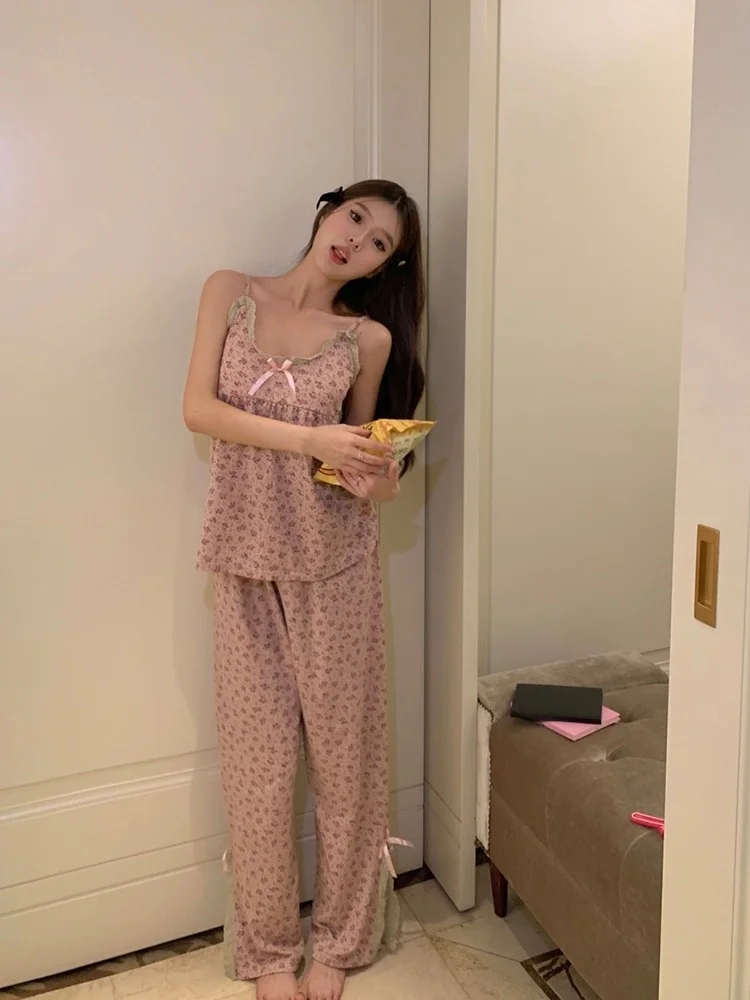 달콤한 꽃 프린트 투피스 잠옷 캐주얼 반팔 긴 바지 여성용 가정 의류 여름 세트 v 넥 폴리 에스터 원단