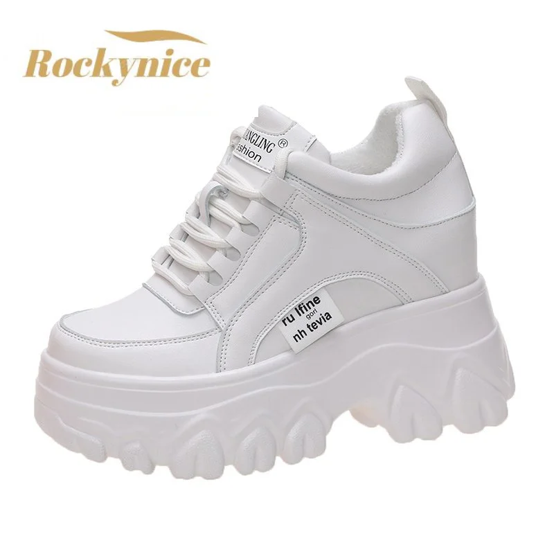 Zapatillas de con plataforma de cuero para mujer, zapatos blancos de 9CM de tacón alto, calzado deportivo exteriores, informales transpirables, novedad| | - AliExpress