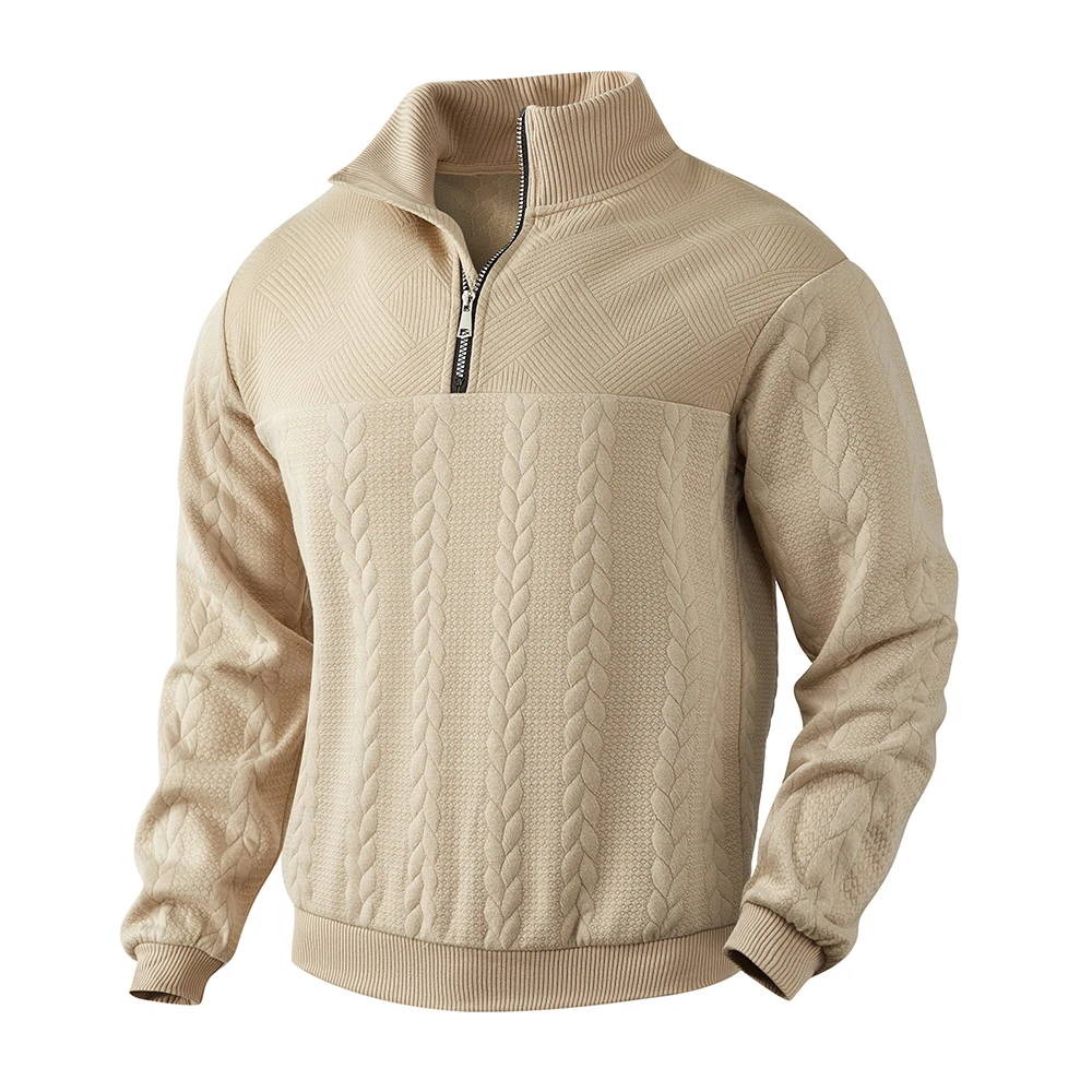 Men's casual Henry collar sweater long sleeve knitted stand collar top zipper solid color hoodie pattern fashion men's wear 3