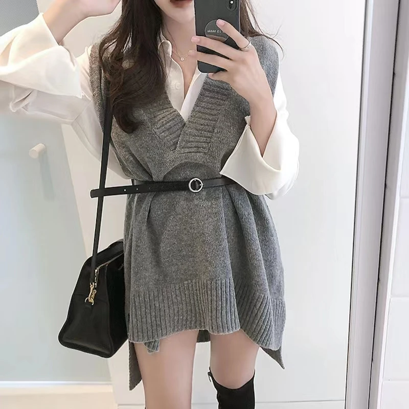 Autumn and Winter New Women's Clothing V-neck Women's Sleeveless Vest Elegant Medium and Long Loose Casual Knitwear Top