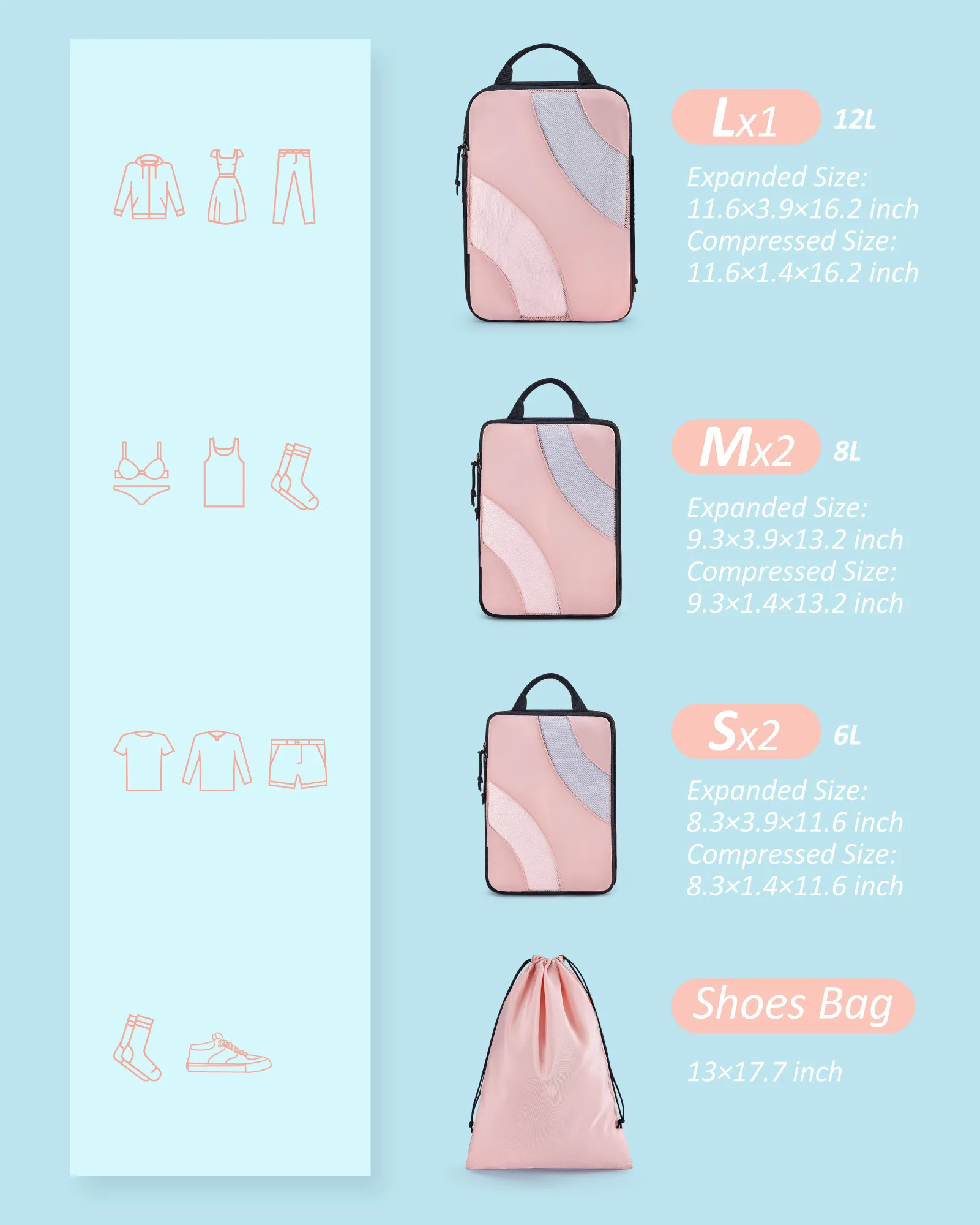 BAGSMART 6 pezzi Set di cubi da imballaggio Set Organizer da viaggio borse portaoggetti valigie valigie bagagli portatili vestiti scarpe Tidy Pouch Foldin - immagine 5