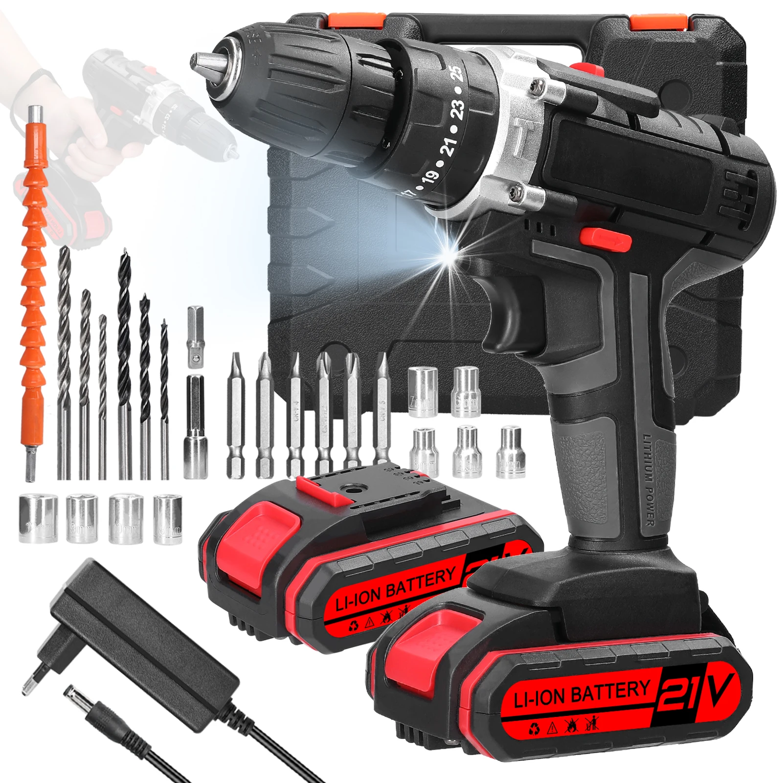 21 V 3-in-1-Bohrschrauber, Akkuschrauber, 25 Gänge, Drehmoment, stufenlose Geschwindigkeitsregelung, Rotationswege, verstellbare Schlagbohrmaschine – Detail 4