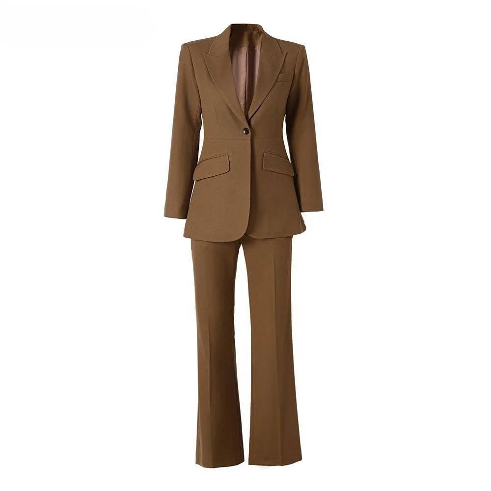 

5 Colors Finework Superior Style New Fall Thick Fabric Women 2PCS Lady Suit Single Buttton Blazer Flare Pants OL Twin Sets