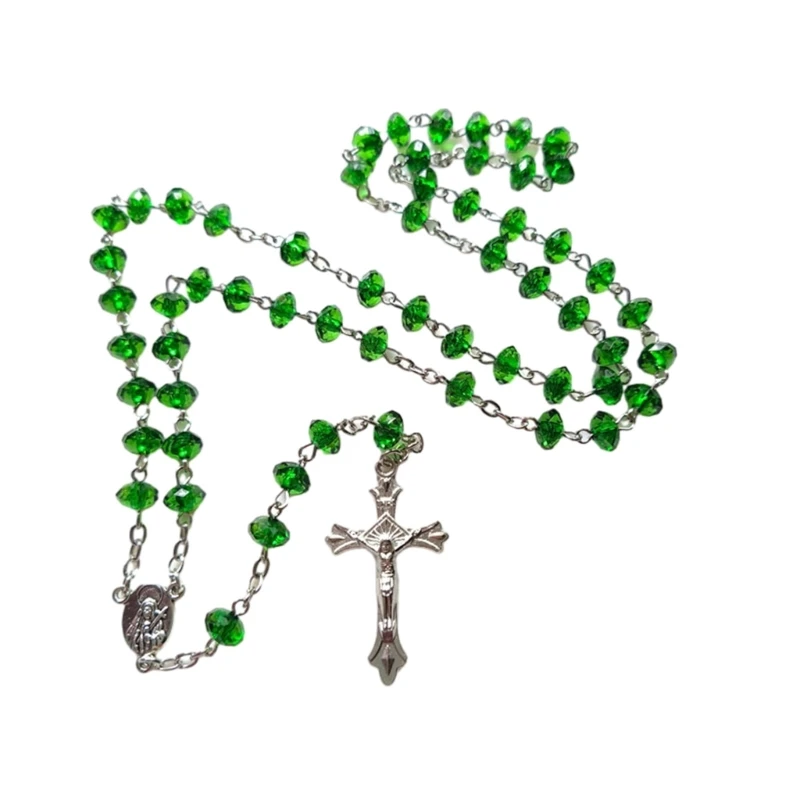 Green Stones Rosary Cross Necklace Christian VirginMary Center Accessories Sweater Chain Church Jewelry Accessories religious ritual accessories catholic rosary necklace