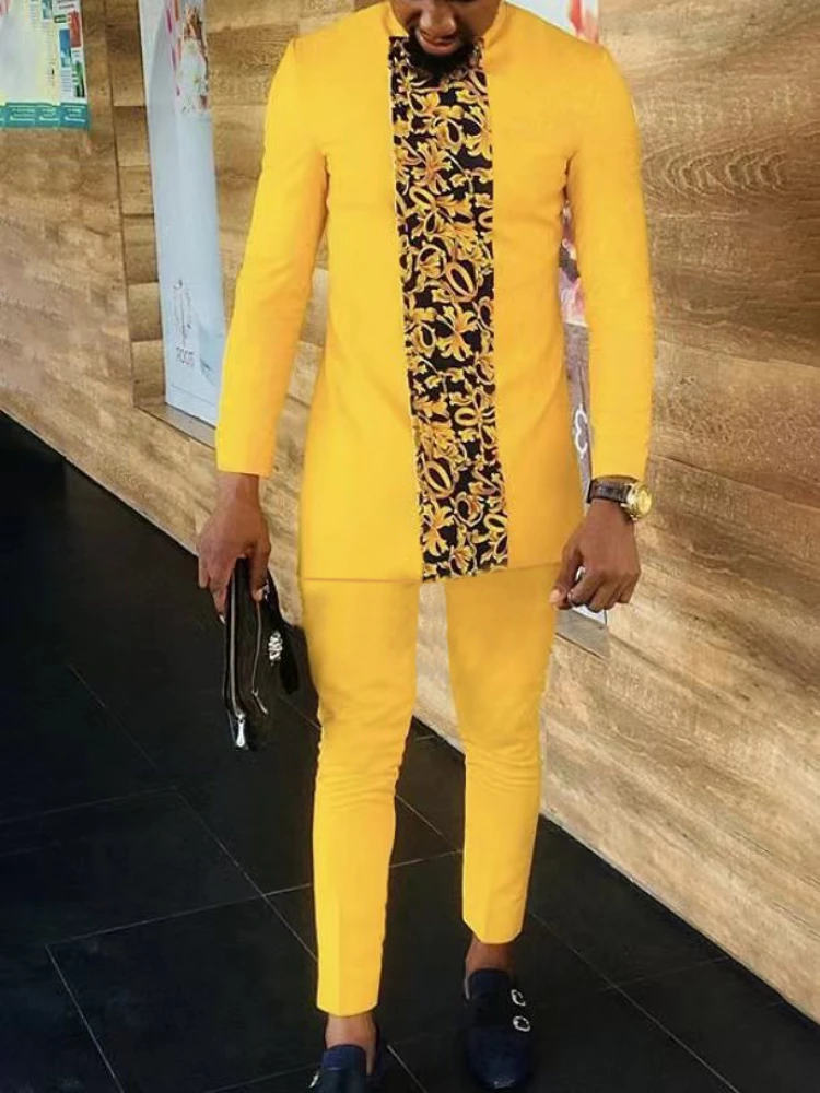

Men's fashion casual yellow print long sleeve two-piece set
