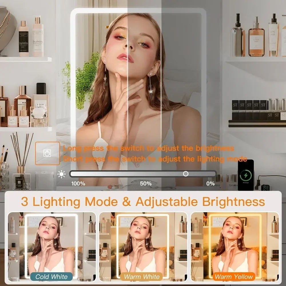 Items Makeup Dressing Table Box Container Drawer Nordic Organizer Dressing Table Mirrors With LED Lighted Mirror & Power Outlet Modern Corner Makeup Vanity Table Dressing Table for Bedroom Makeup Room