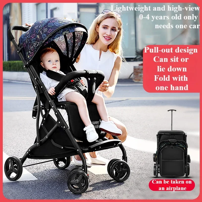 One Click Folding Baby Stroller Can Sit & Lying Foldable Portable Lightweight Baby Strolling Cart Large Space Adjustable Backset 2